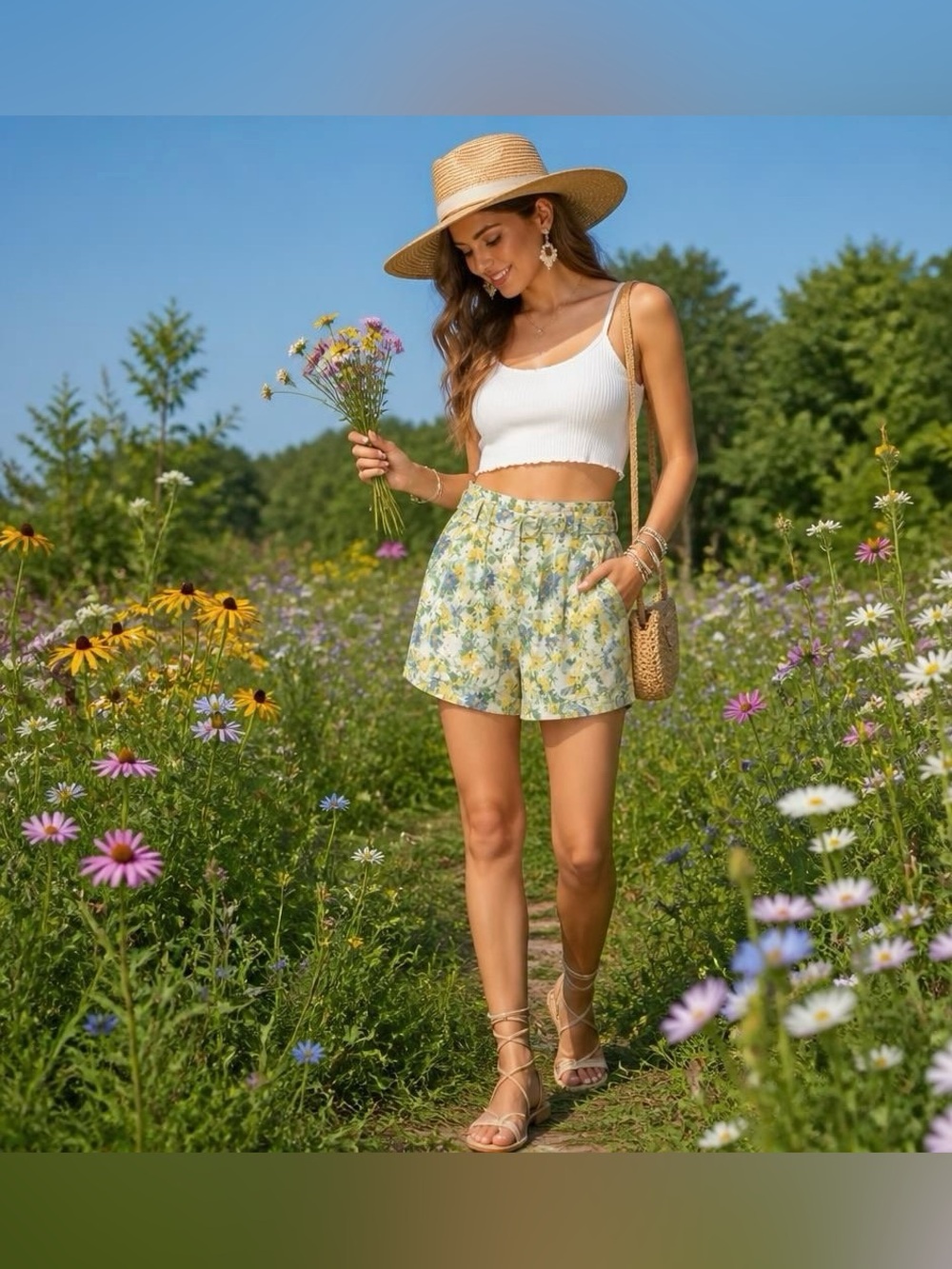 Abercrombie & Fitch Floral Belted Shorts in Yellow, Green and Blue